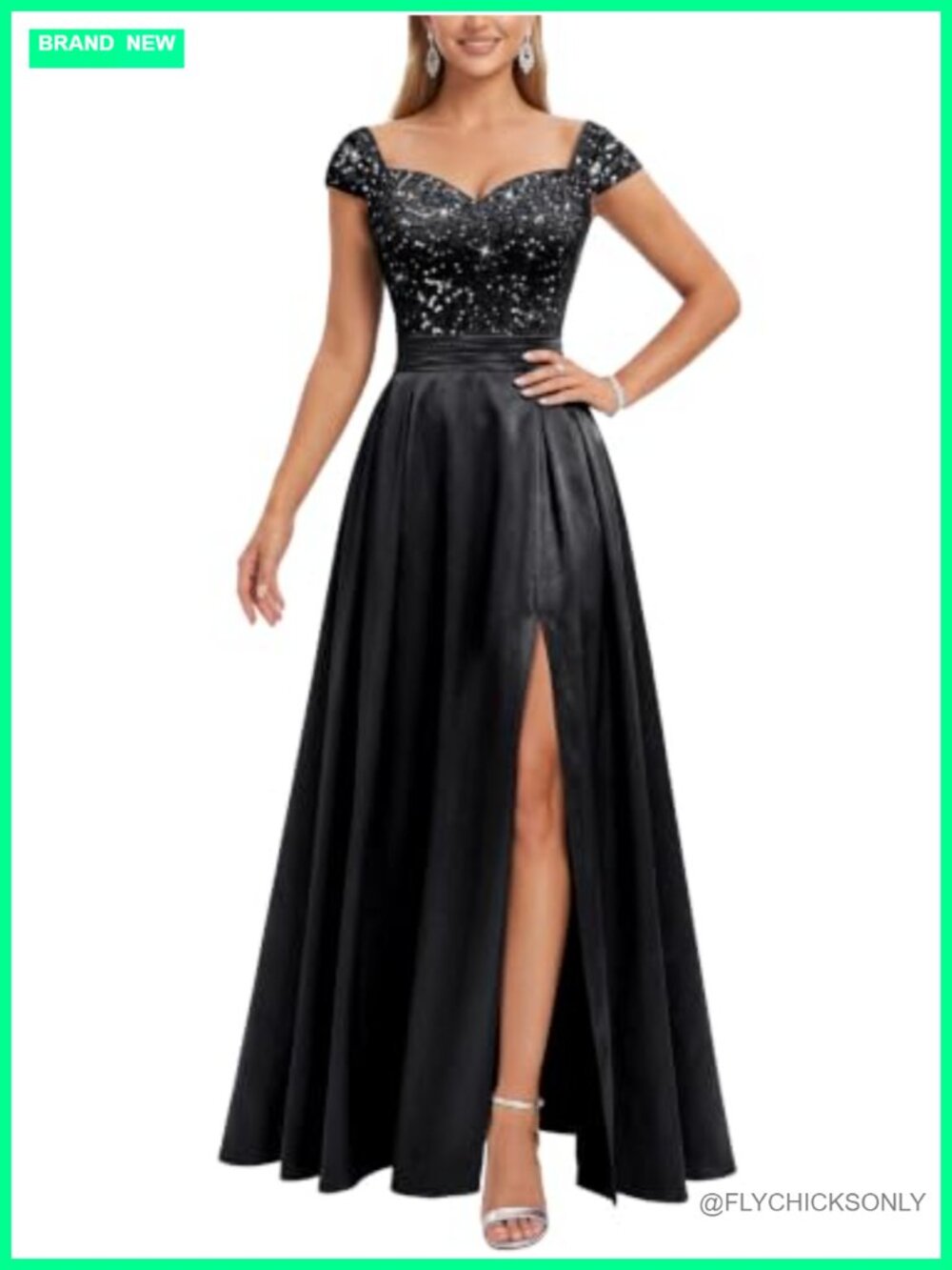V-Neck Cap Sleeve Sequin Satin Split Bridesmaid Maxi Gown